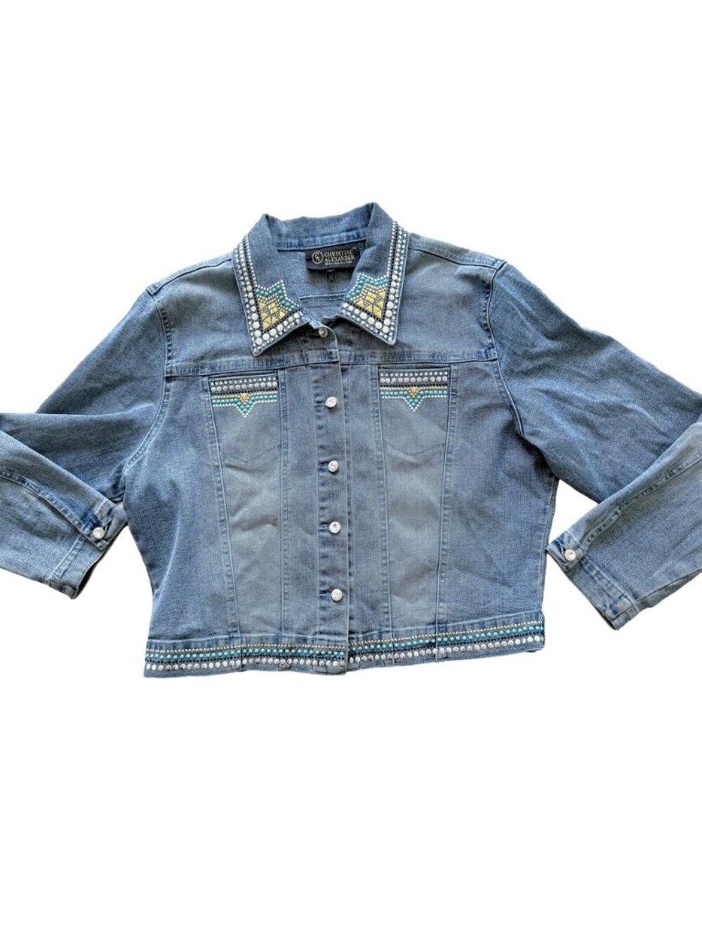Christine Alexander Womens Medium Embellished Denim Jacket Cross Rhinestone Blue